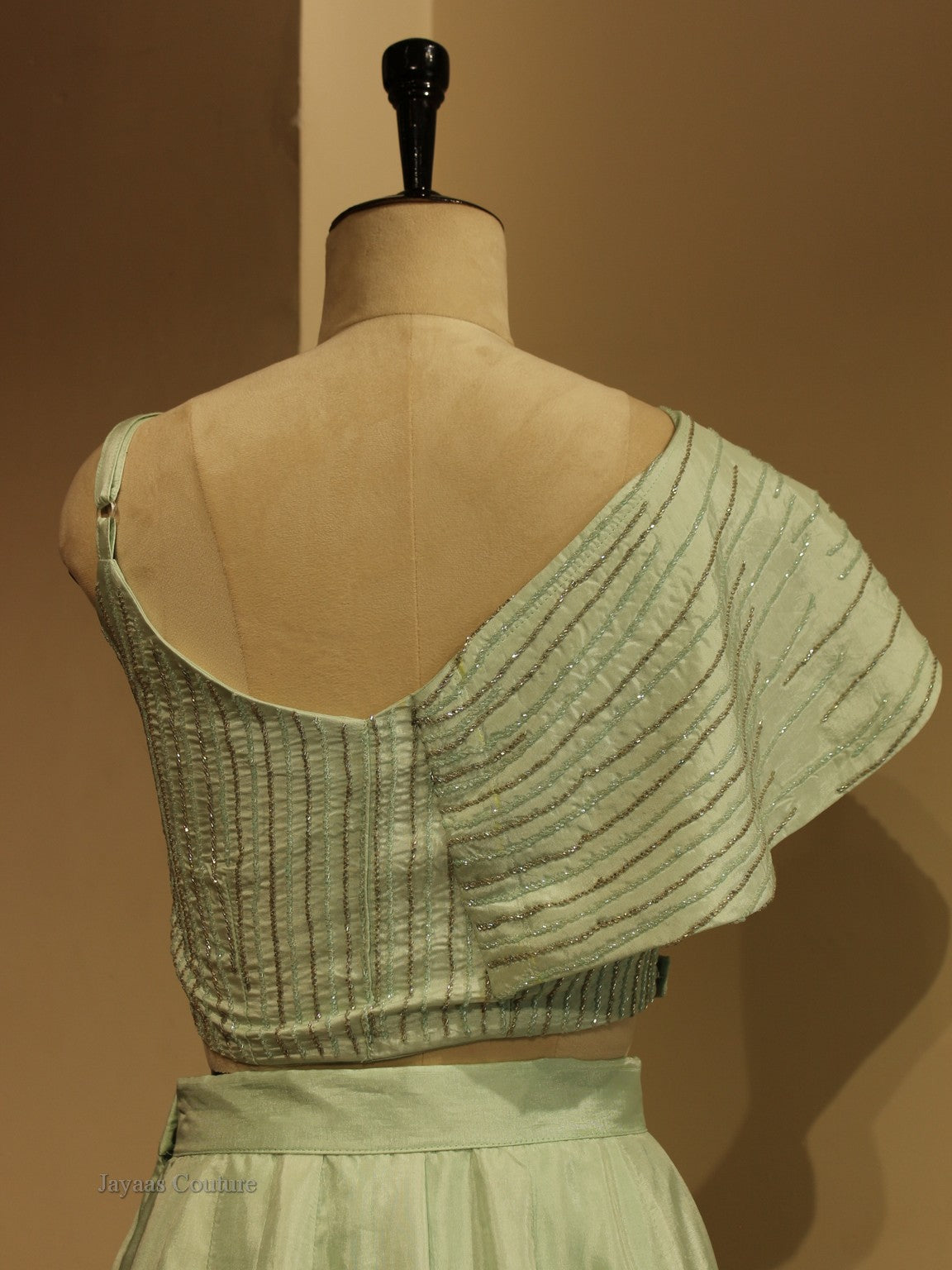 Pista green drape crop top with skirt