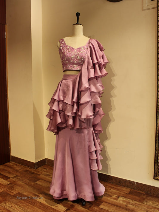 Mauve crop top skirt with attach dupatta