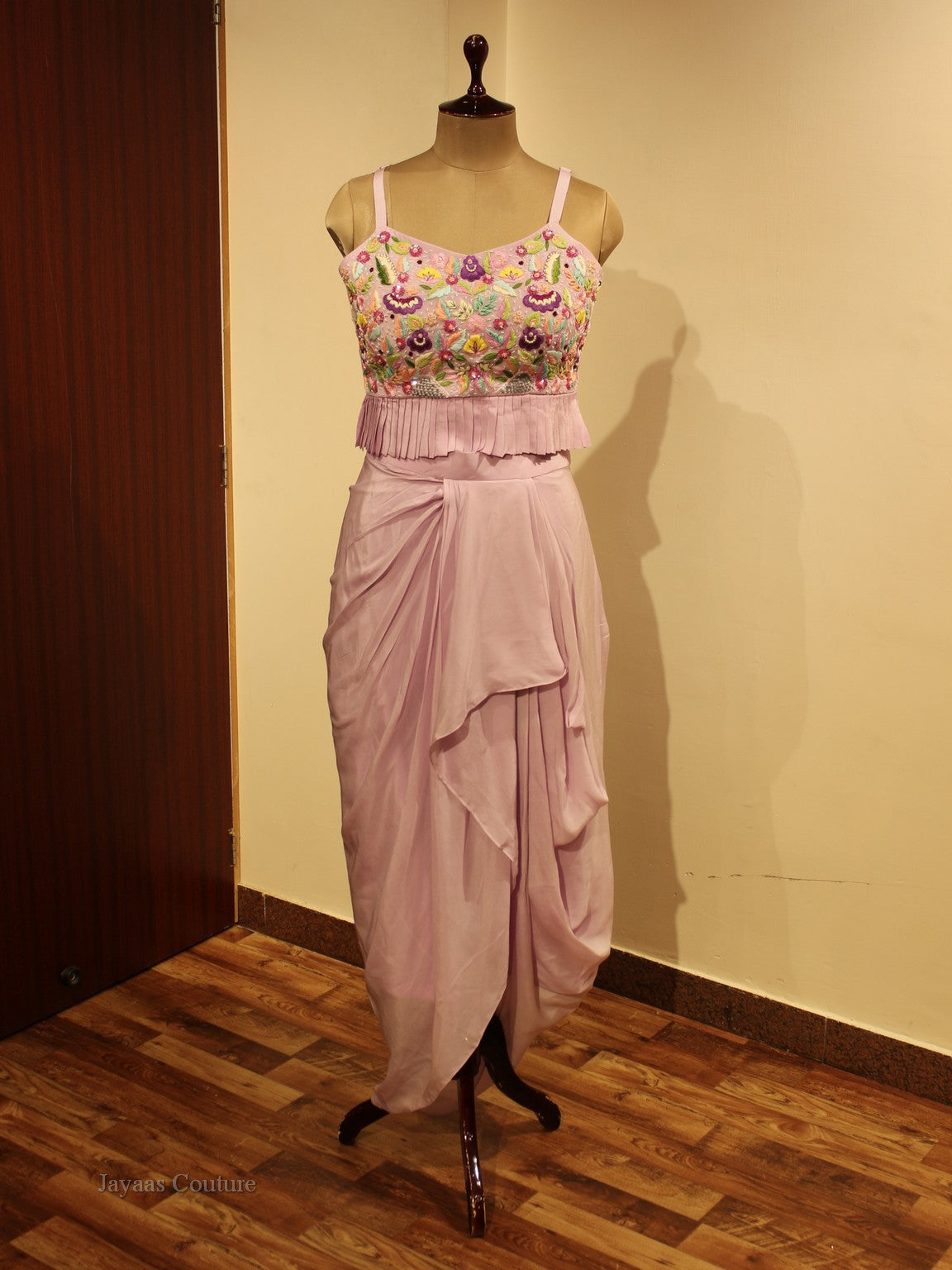 Lavender crop top with drape skirt