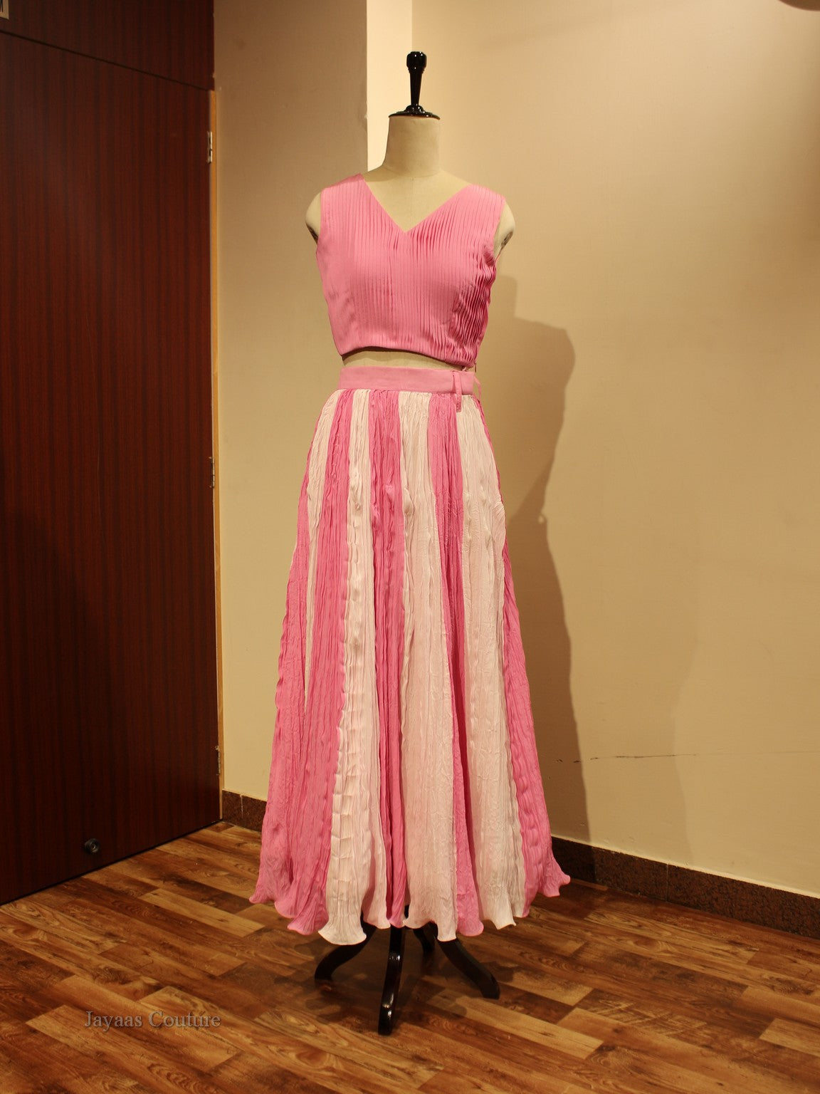 Pink off white crop top with crushed skirt and hand painted shrug