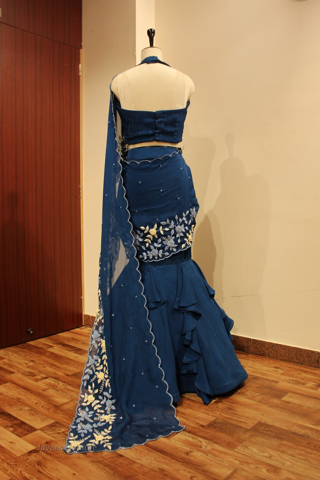 Turquoise blue drape saree