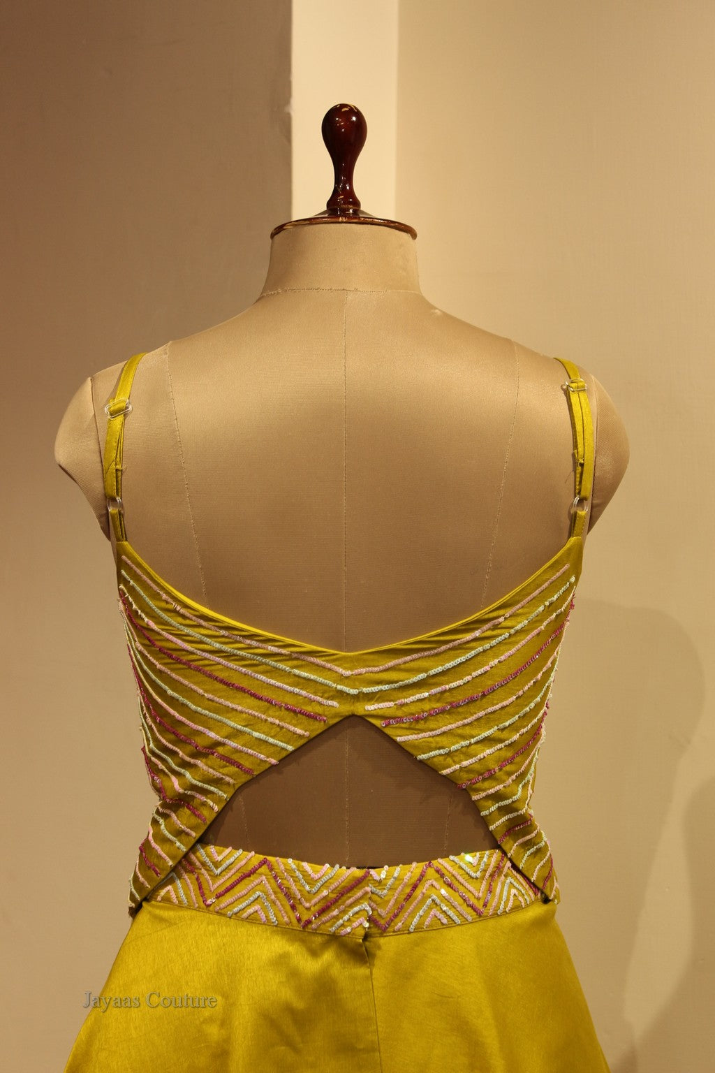 Yellow crop top with drape skirt