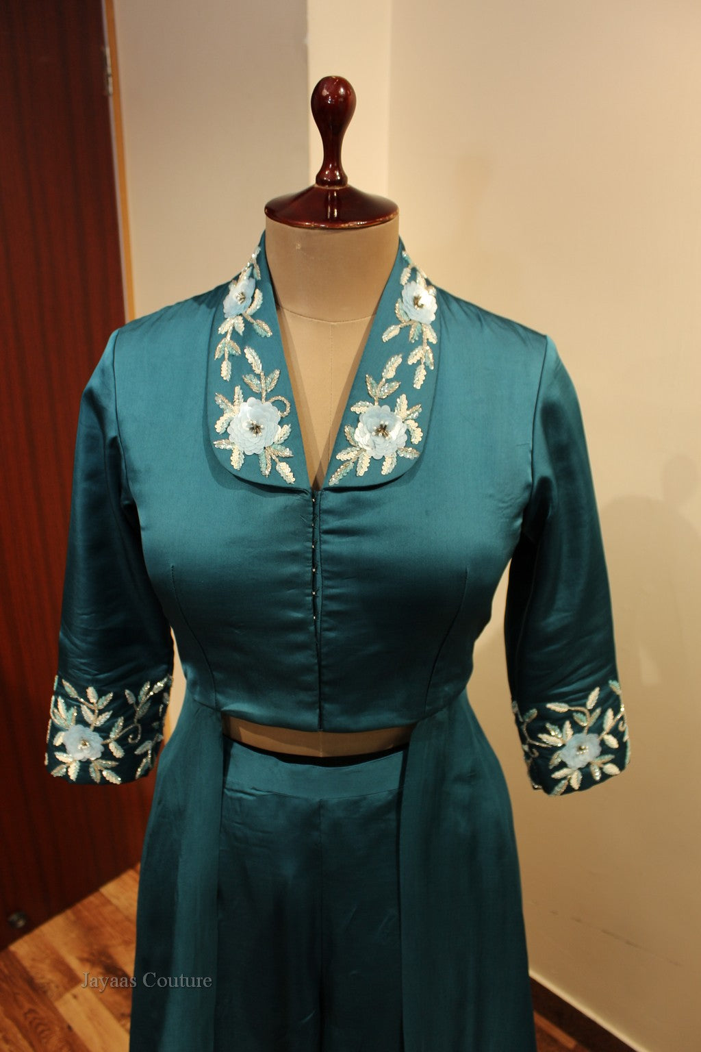 Turquoise blue crop top attached cape with flaired palazo