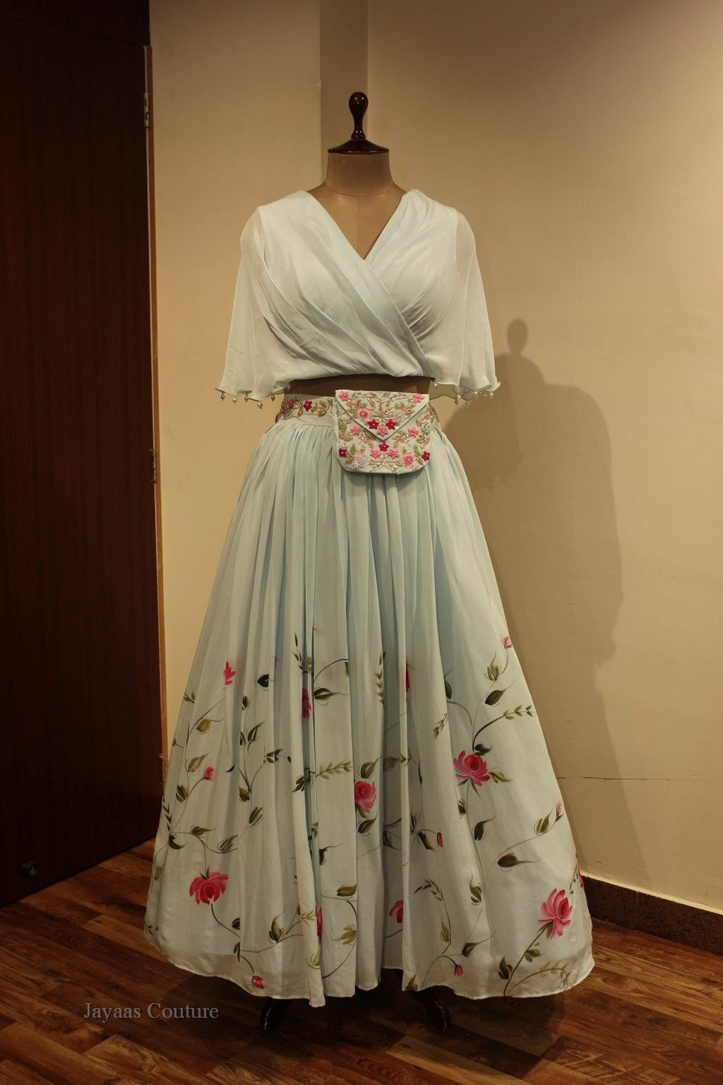 Powder blue cape with hand painted skirt