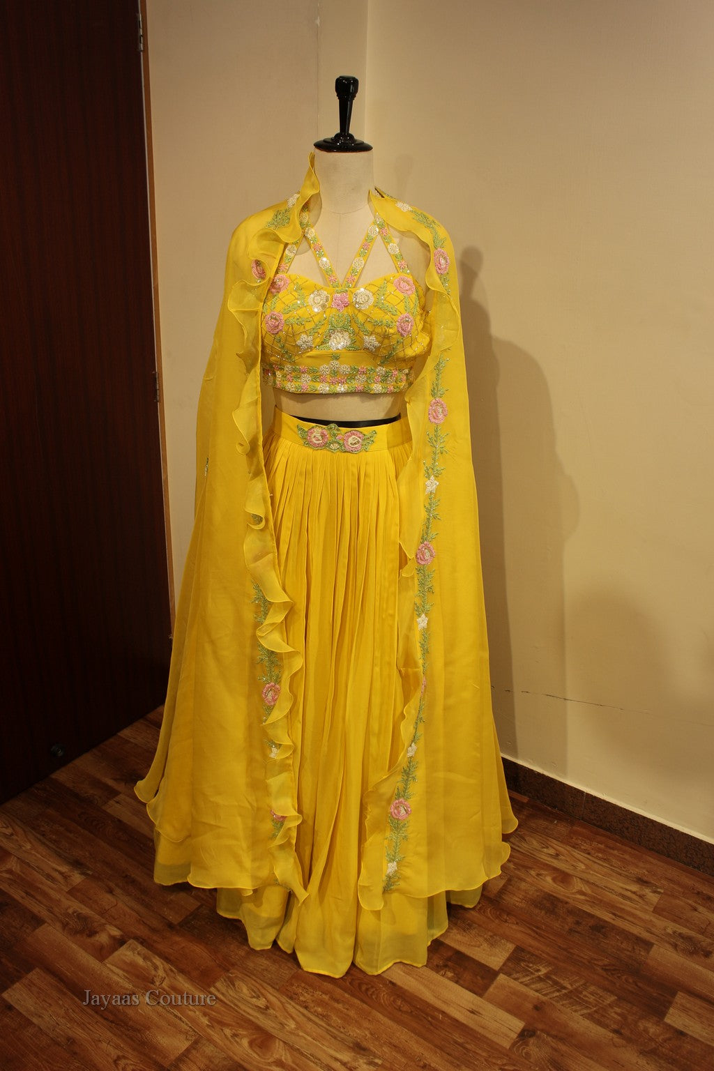 Yellow crop top with skirt and cape