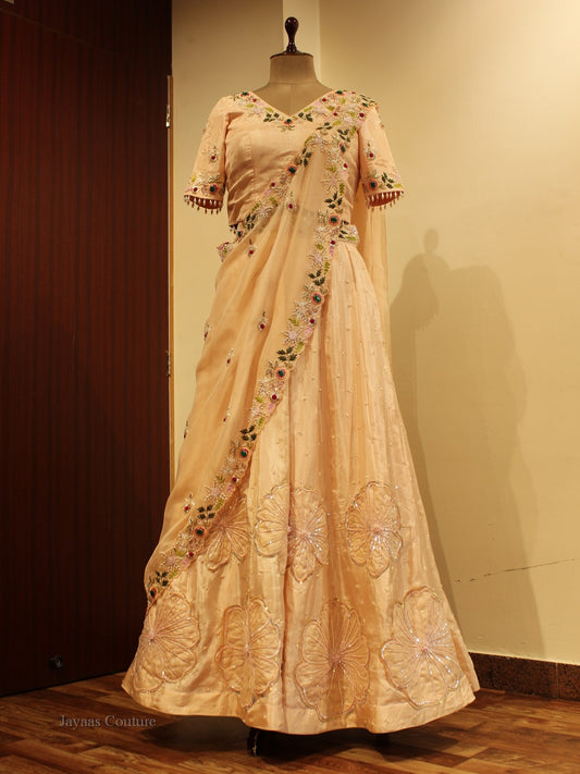 Peach lehenga with drape dupatta