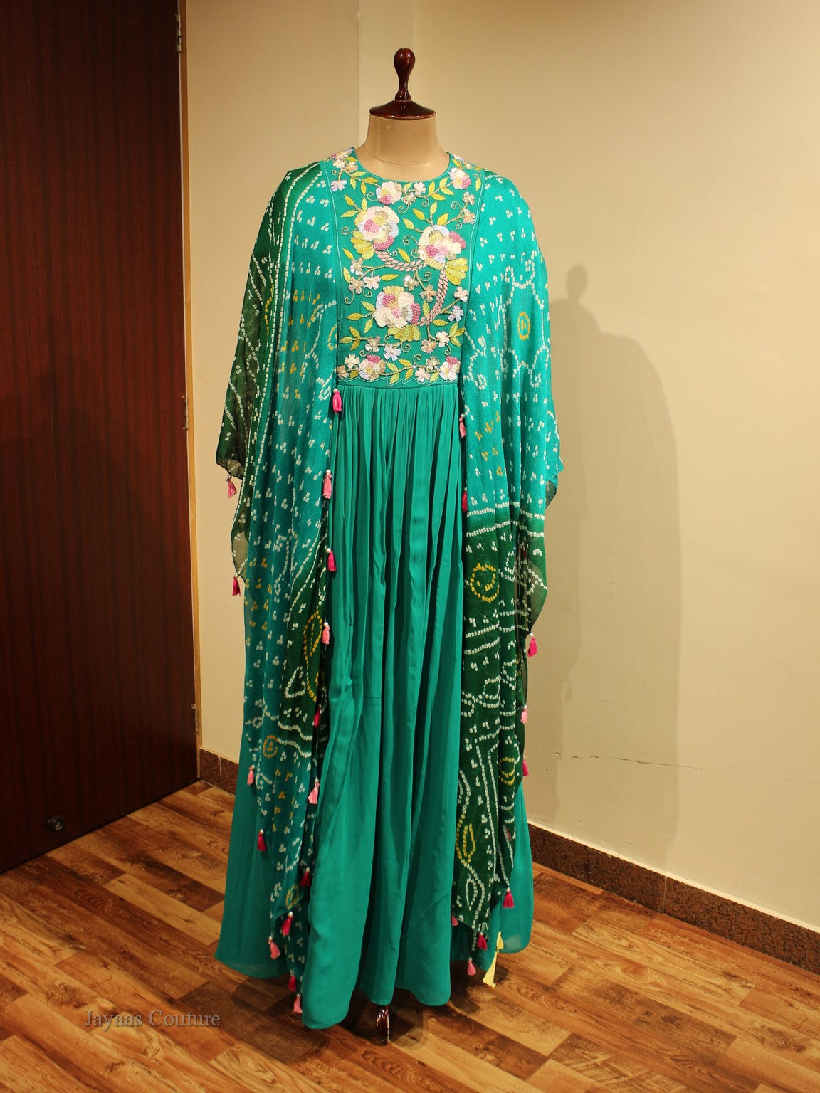 Green shaded bandhej gown