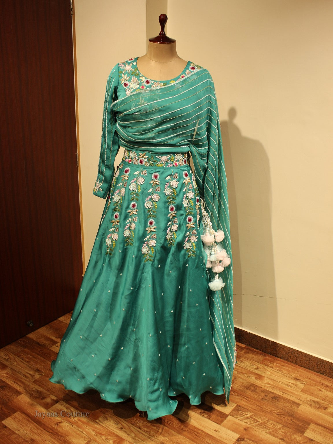 Teal Green Gown with drape duaptta