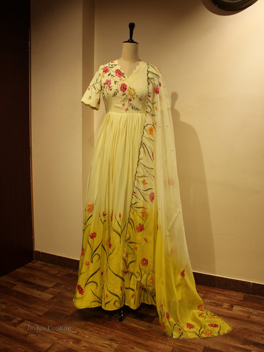 Yellow shaded Hand Painted Gown