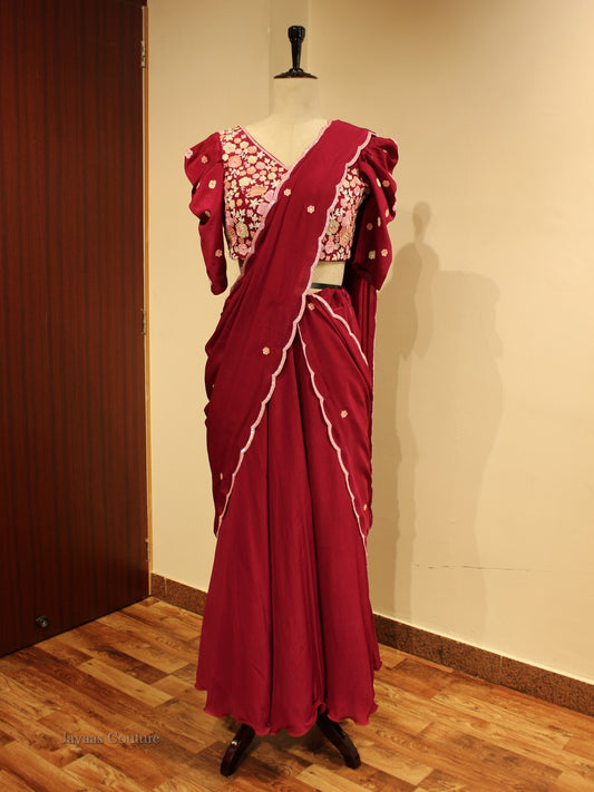 Maroonish wine drape saree