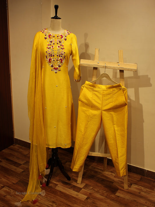 Yellow kurta with pants and dupatta