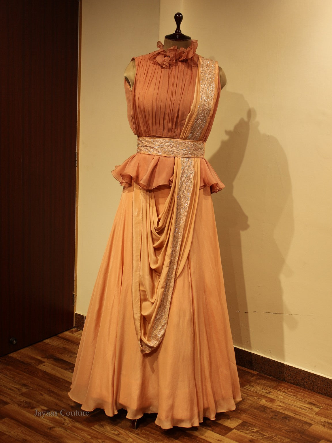 Peach pleated top with skirt and dupatta