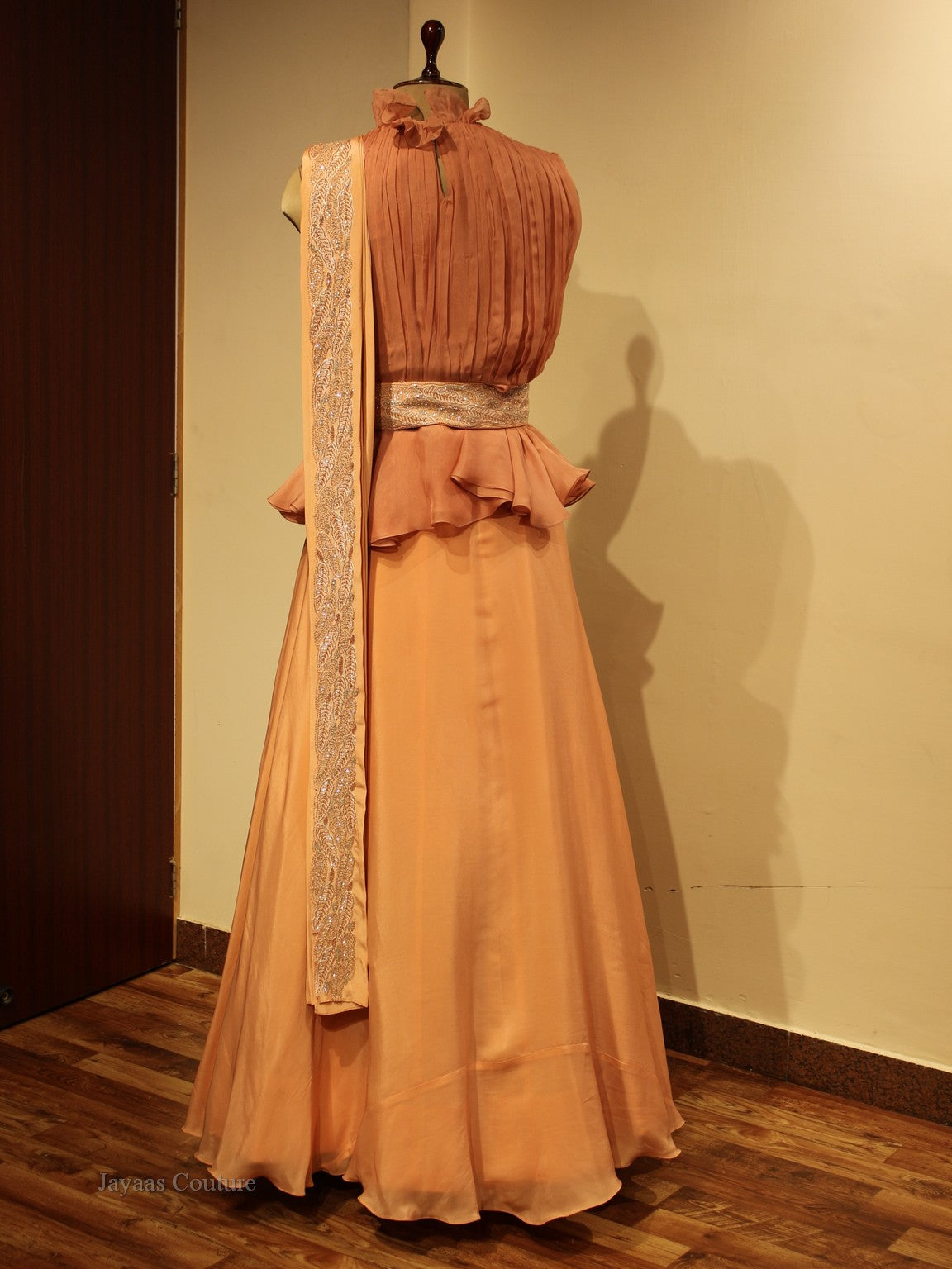 Peach pleated top with skirt and dupatta