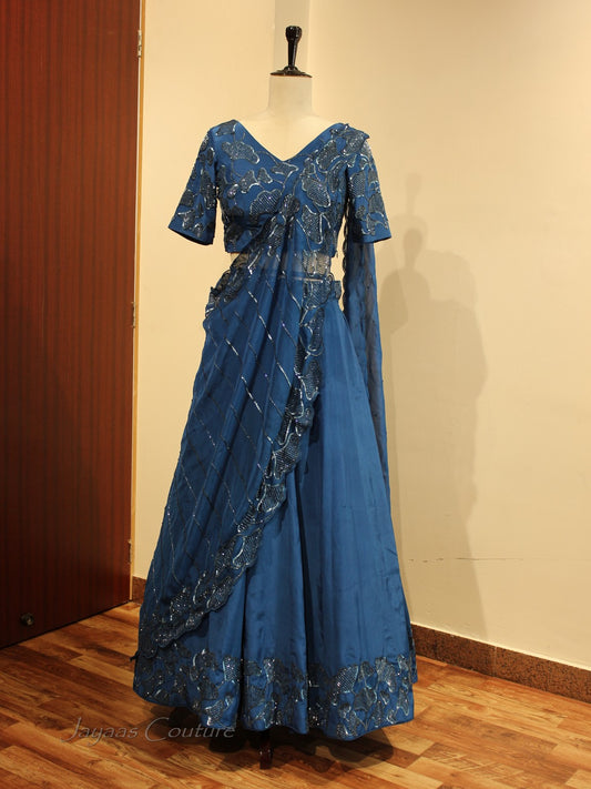 Persian blue lehenga set with drape dupatta