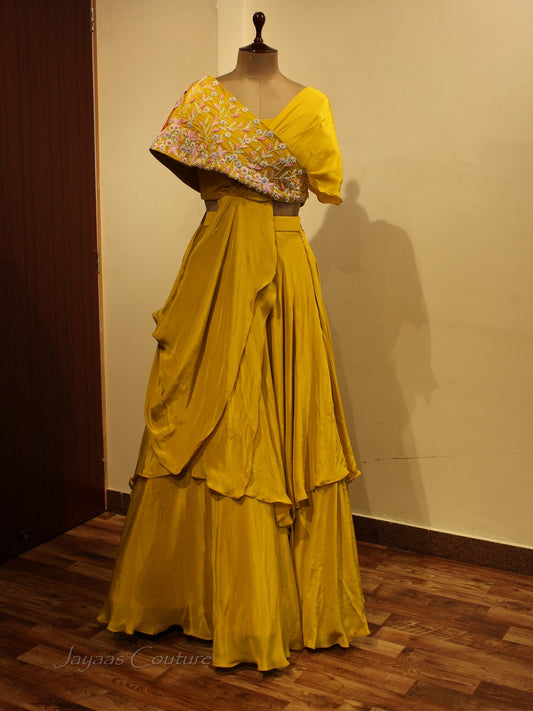 Mustard yellow Drape lehenga set