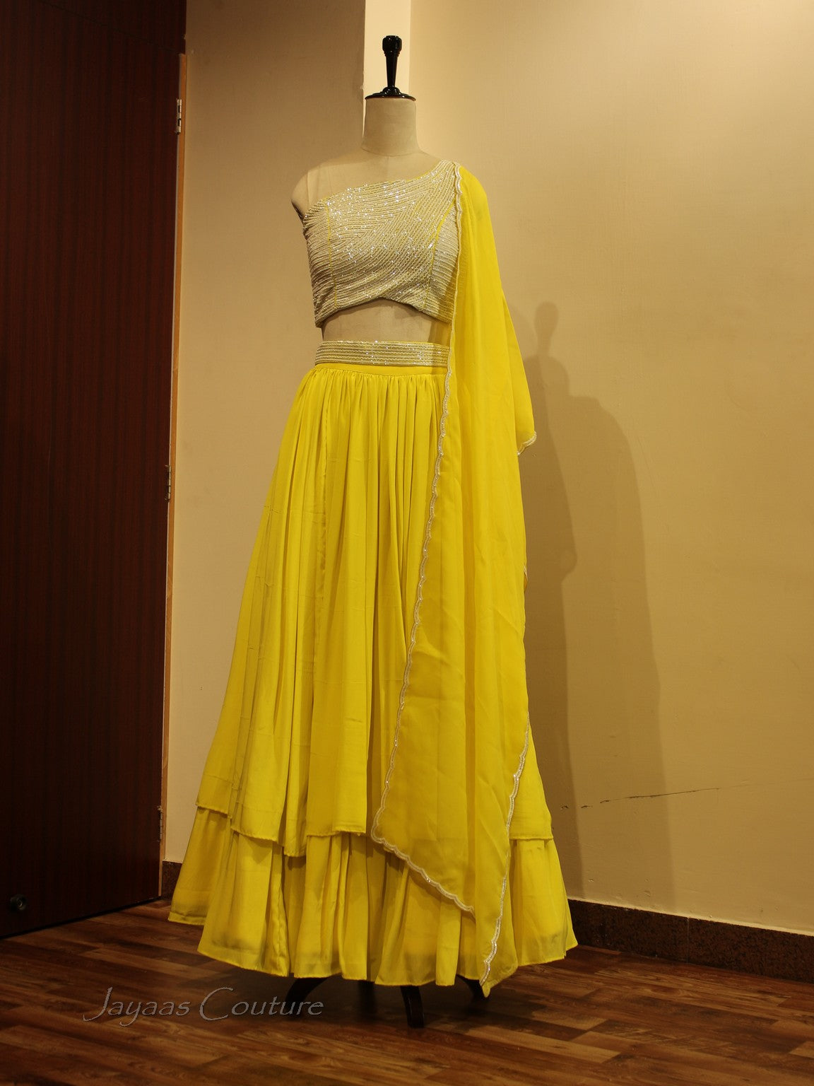 Lemon yellow crop top skirt and dupatta
