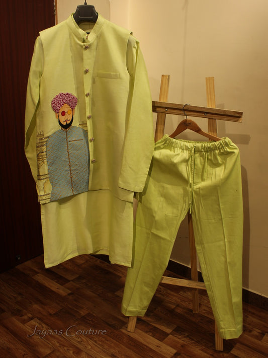 Green Hand painted mens kurta with neheru jacket and pants