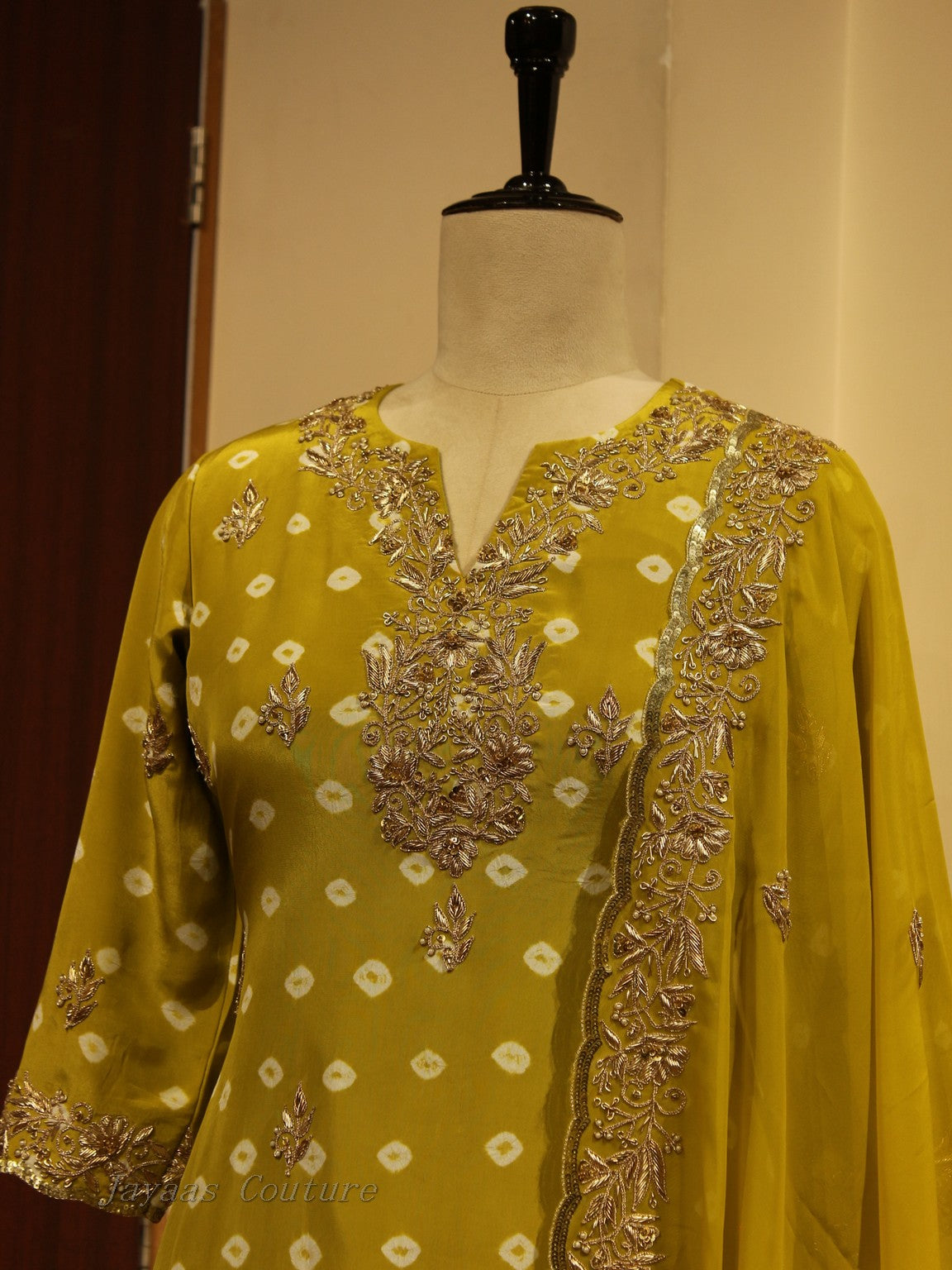 Dusty green kurta with crushed skirt and dupatta