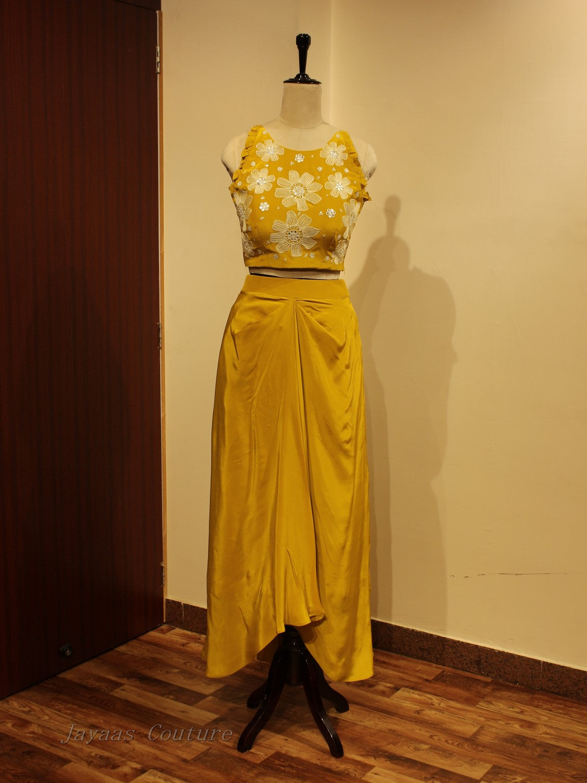 Mustard yellow crop top with drape skirt
