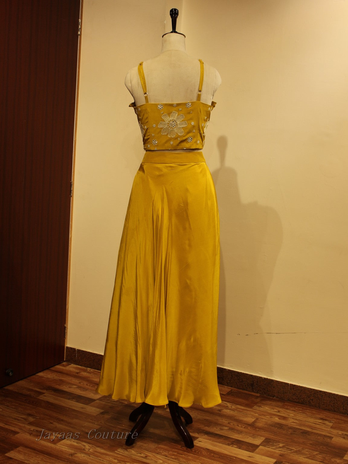 Mustard yellow crop top with drape skirt