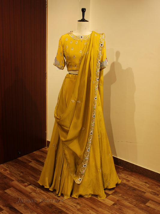 Mustard yellow drape lehenga set