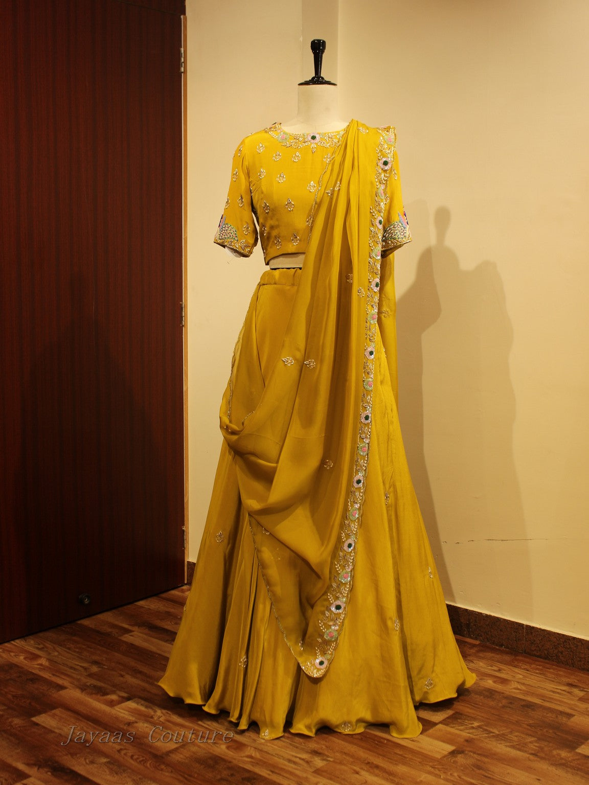 Mustard yellow drape lehenga set