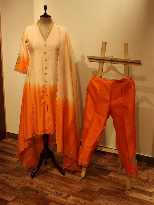 Peach organge shaded kurta pants dupatta