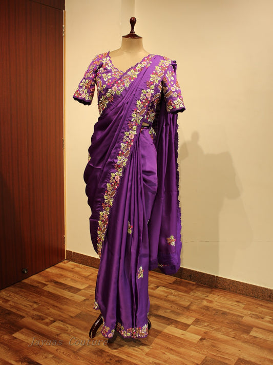 Dark purple embroidered saree with blouse