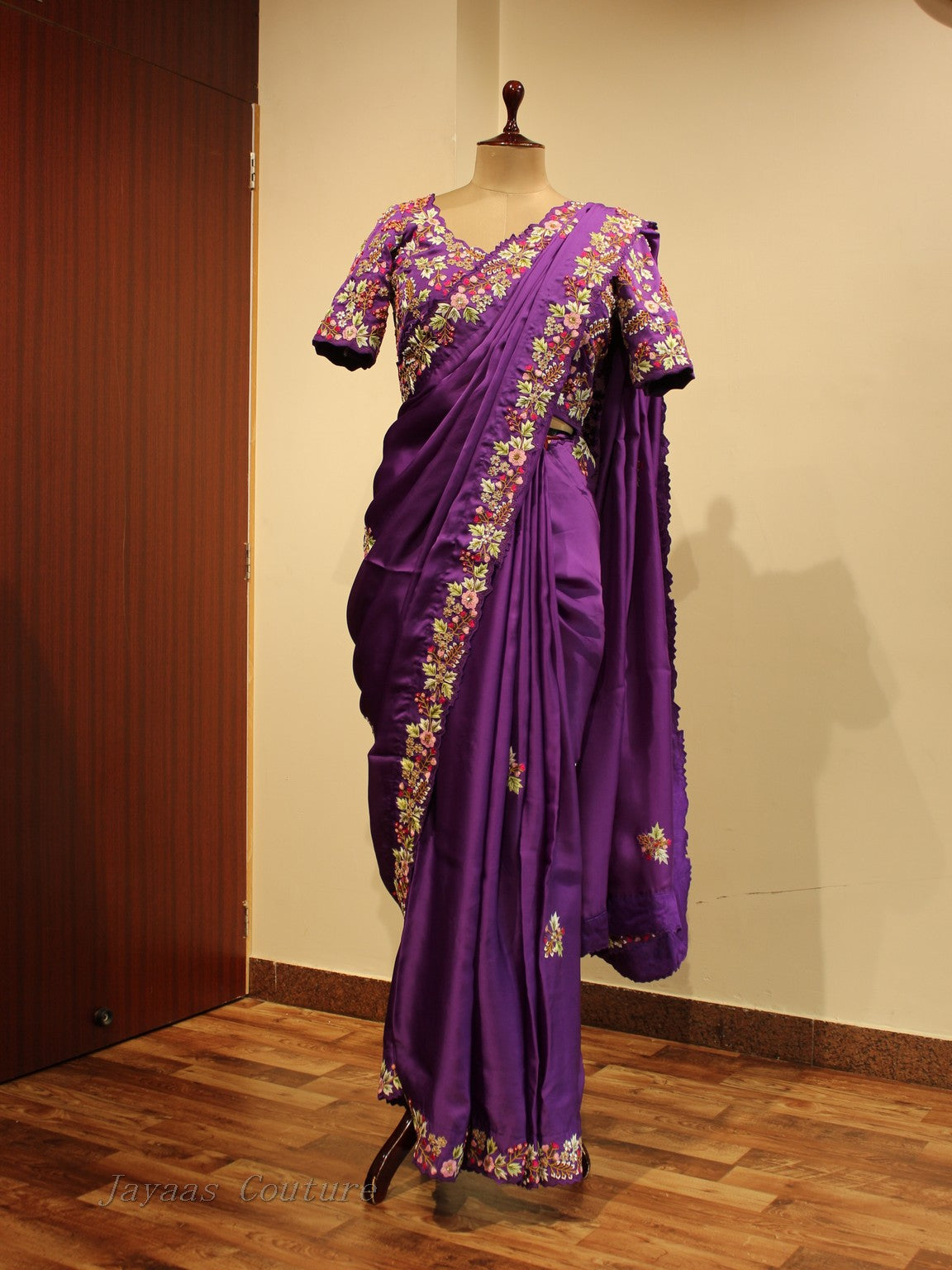 Dark purple embroidered saree with blouse