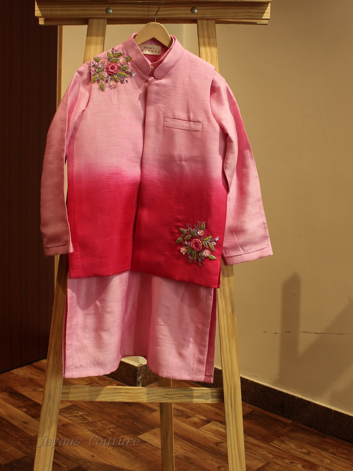 Blush pink shaded kids neheru jacket with kurta and pants