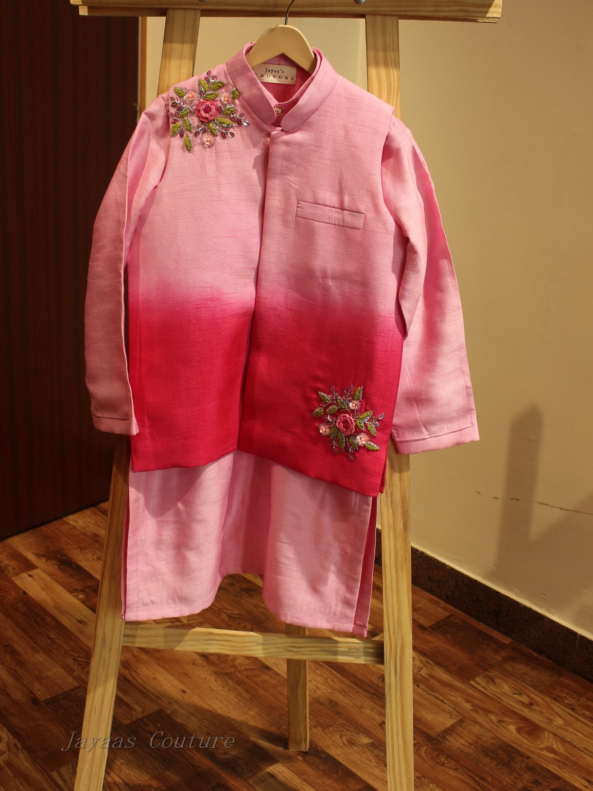 Blush pink shaded kids neheru jacket with kurta and pants