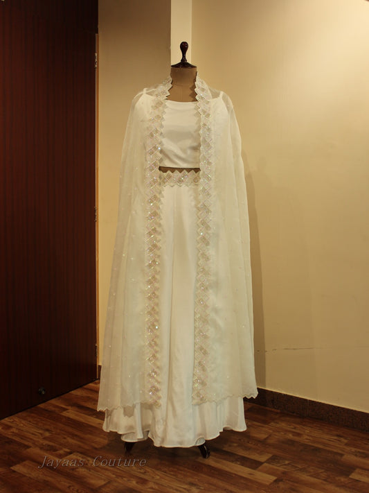 White embroidered cape with crop to and skirt