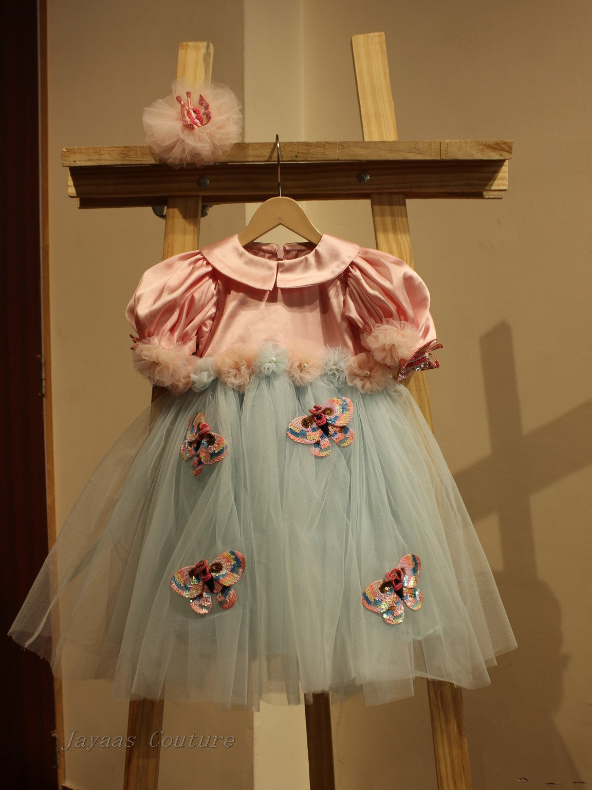 pink powder blue butterfly dress for kids