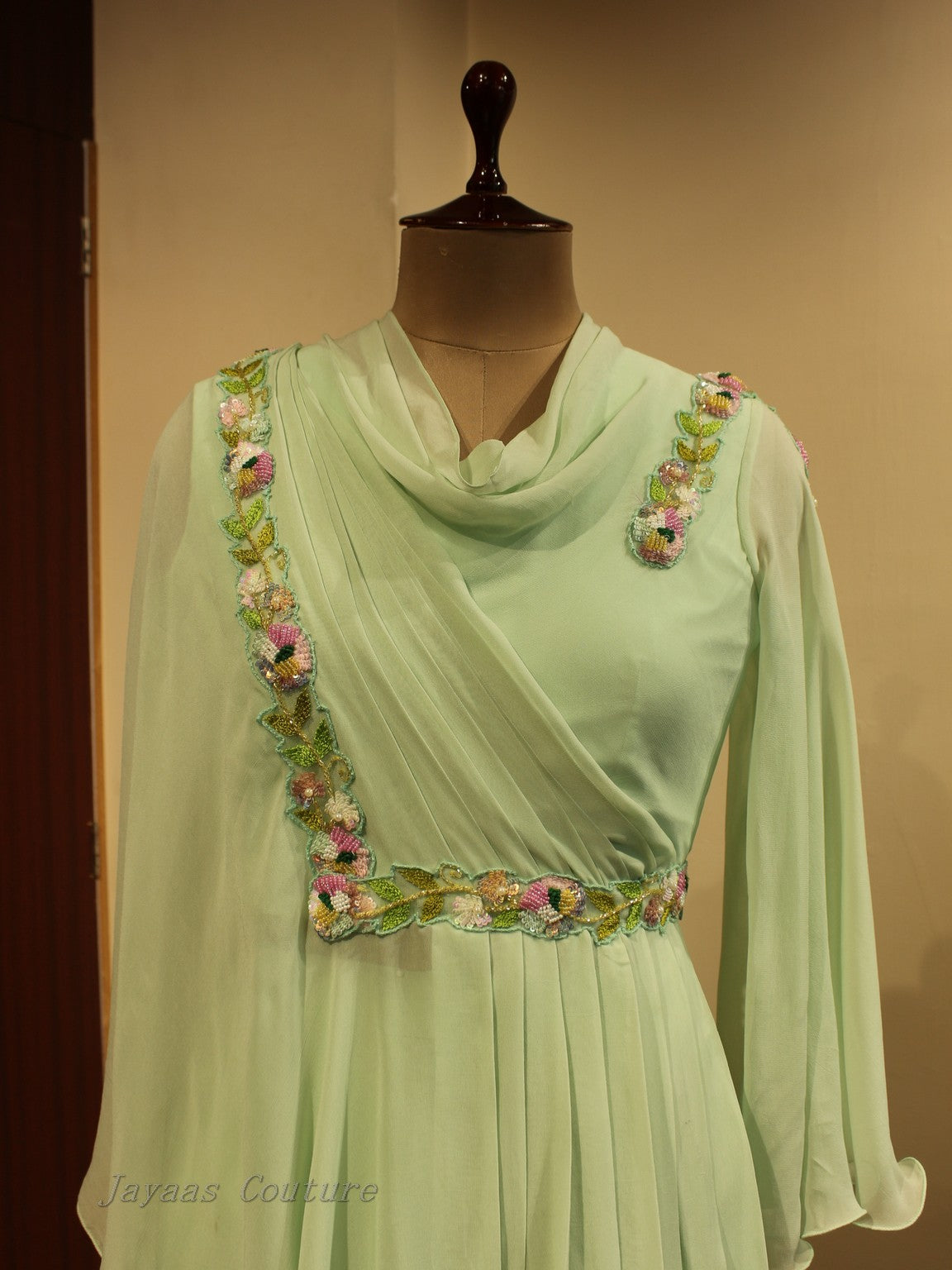 Pista green drape top with flaired pants