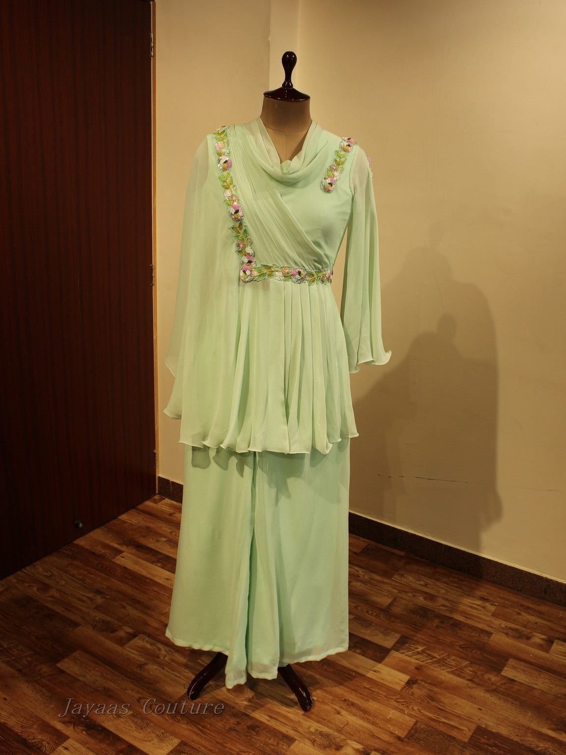 Pista green drape top with flaired pants