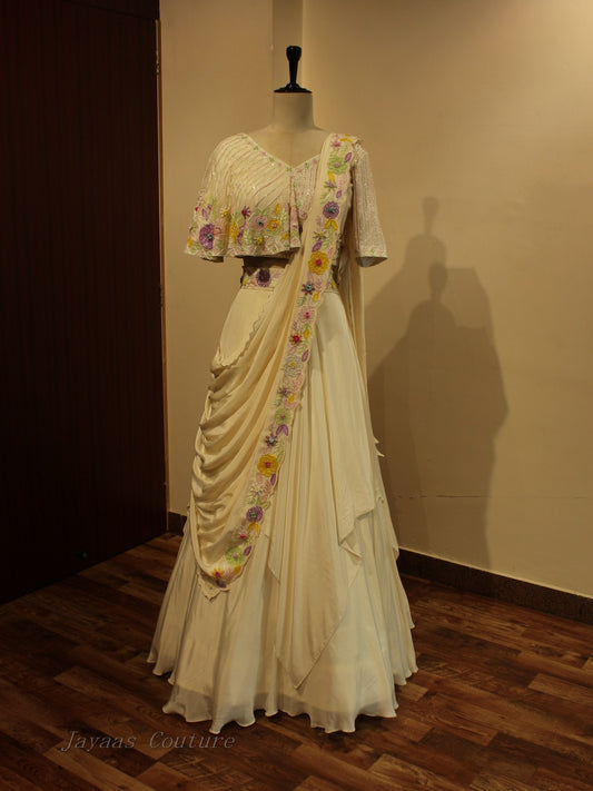 Off white drape lehenga set