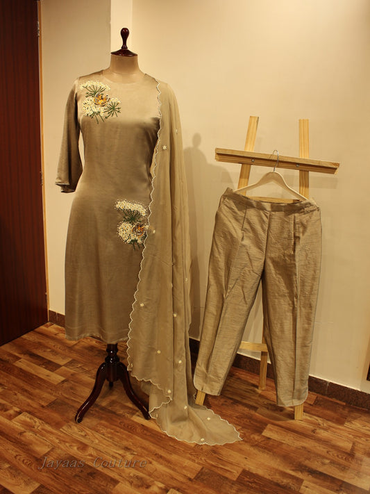 Dark beige  butterfly kurta pants with dupatt