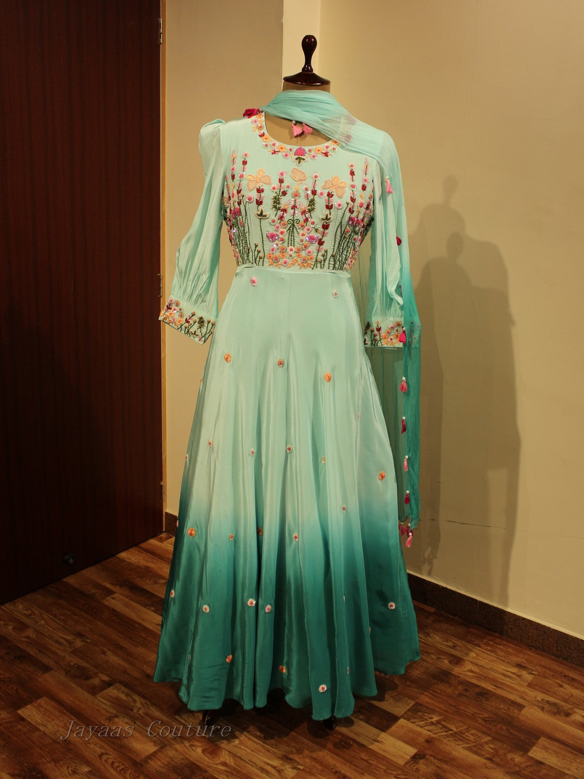 Sea green shaded gown with dupatta