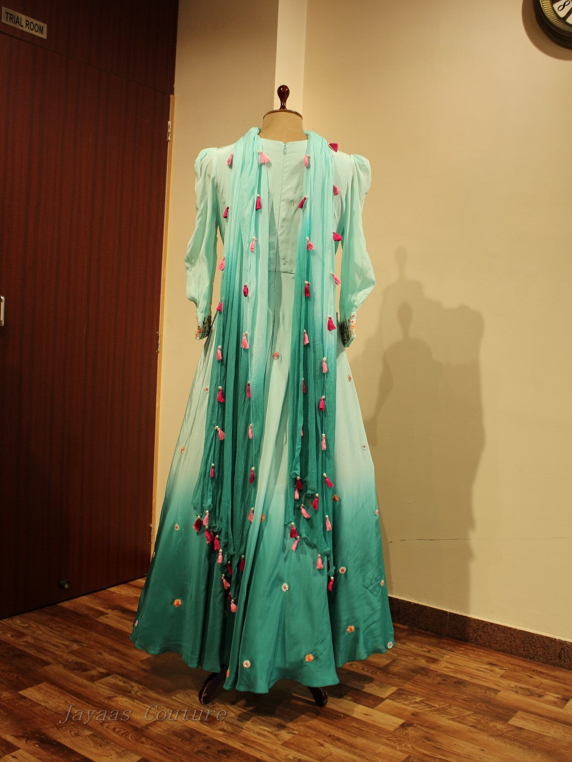 Sea green shaded gown with dupatta
