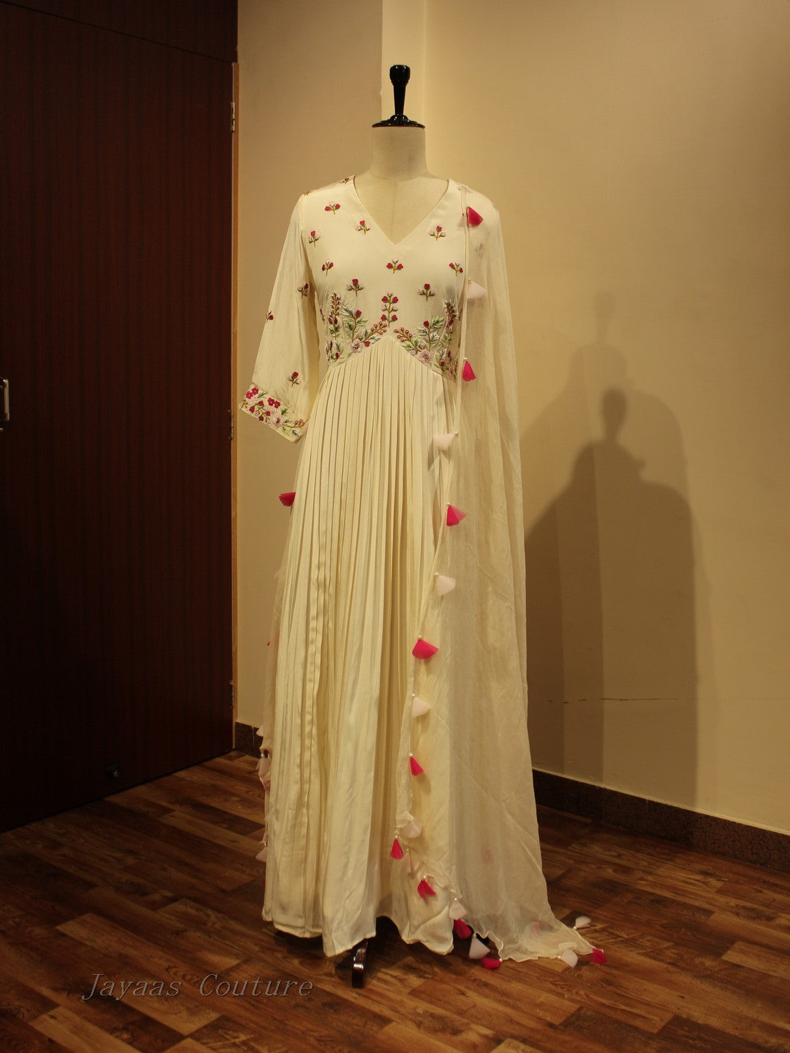 Off white alia cut pleted gown with dupatta