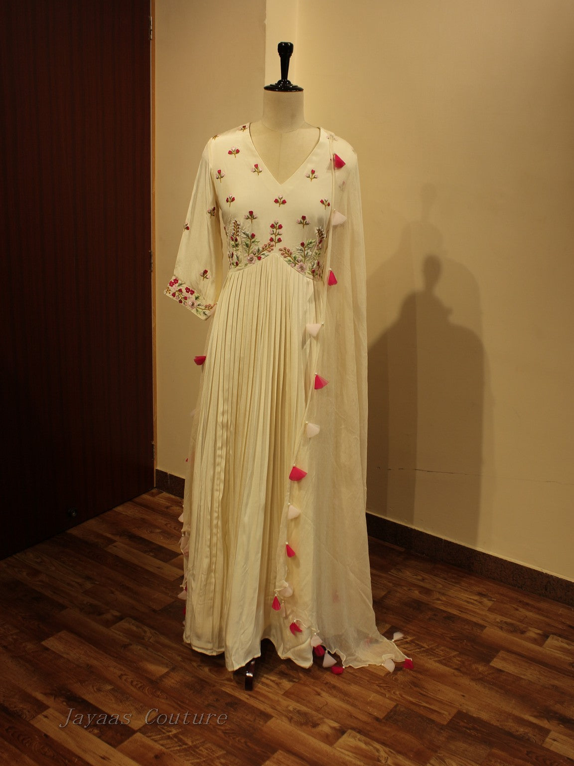 Off white alia cut pleted gown with dupatta