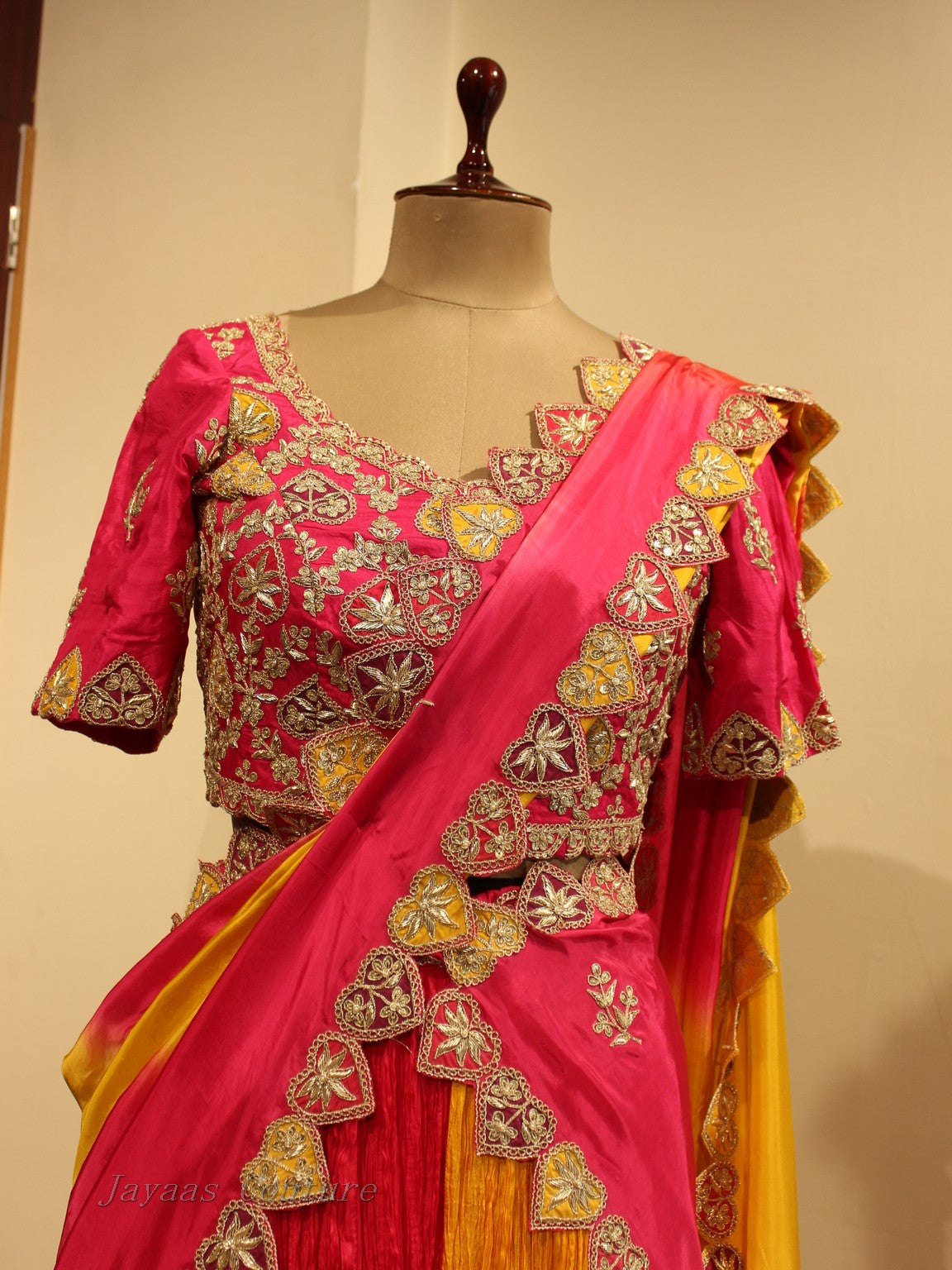 Pink yellow multi colour lehenga with crushed skirt