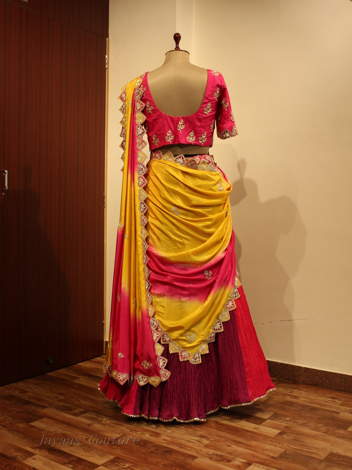 Pink yellow multi colour lehenga with crushed skirt