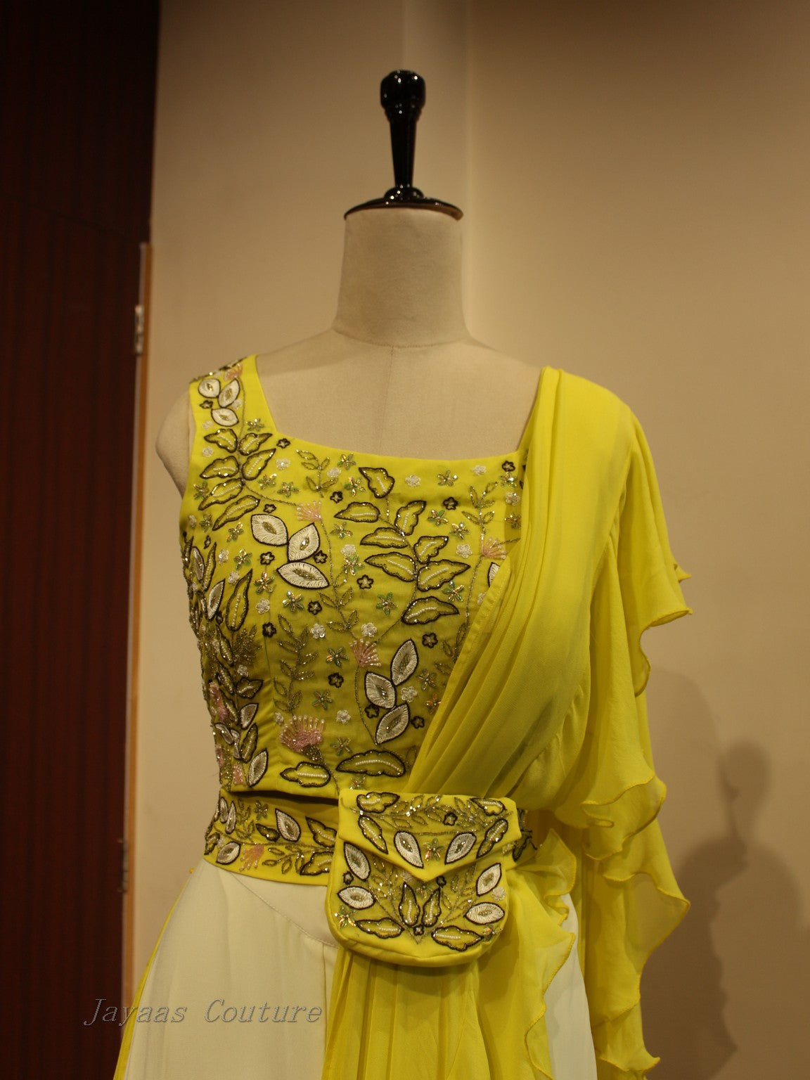 Yellow crop top with skirt and drape dupatta