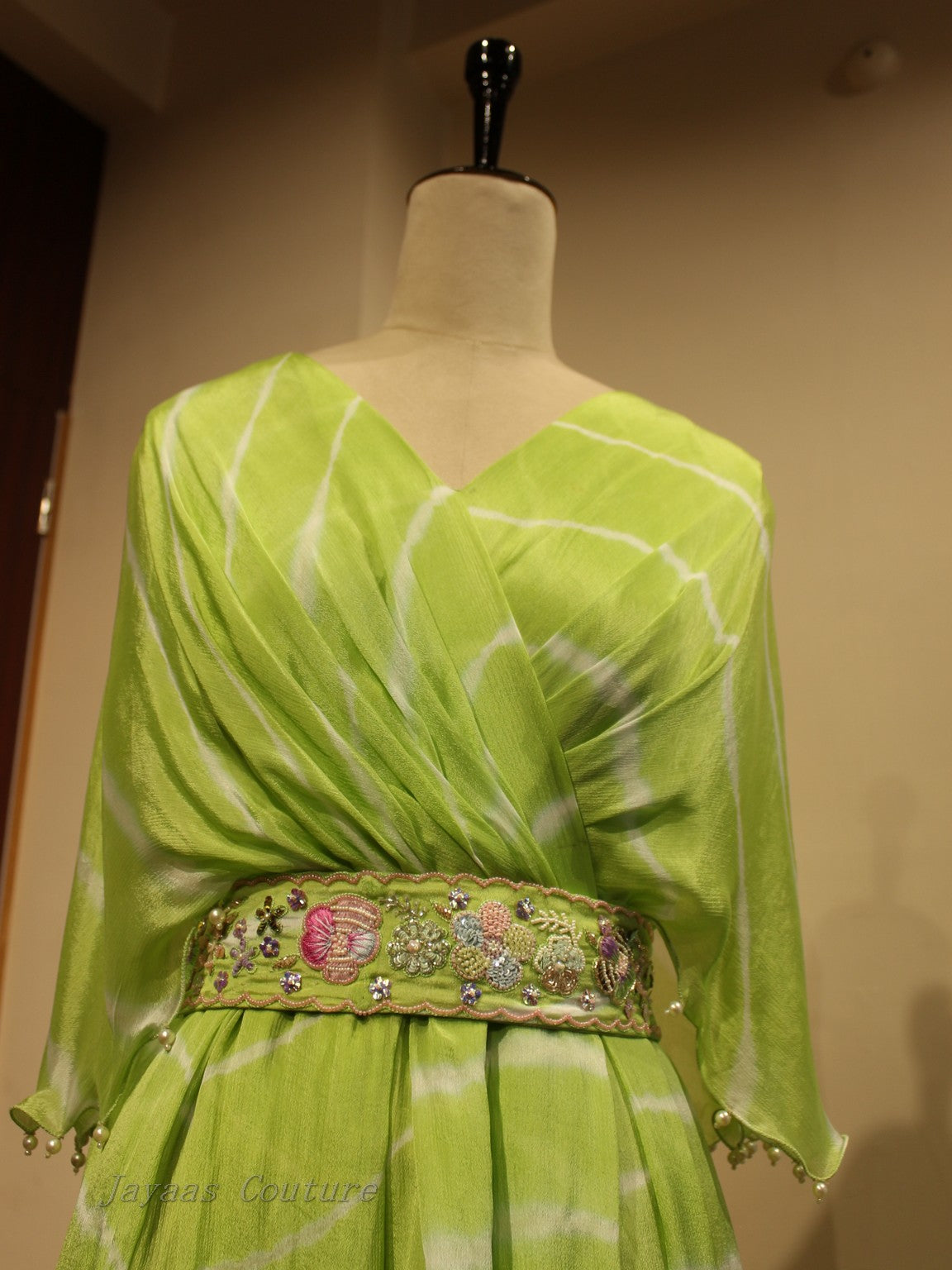 Green leheriya gown with belt