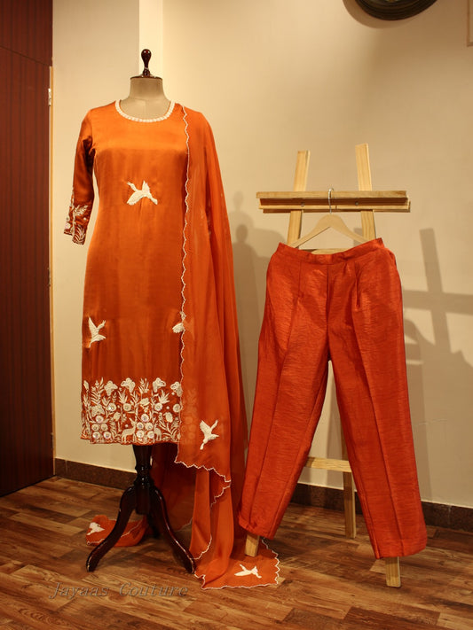 Rust embroidered kurta pants with dupatta