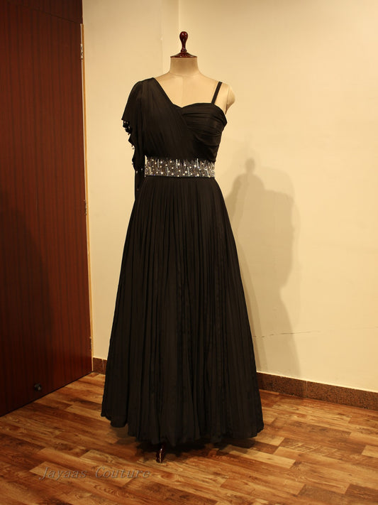 Black pleted gown with belt
