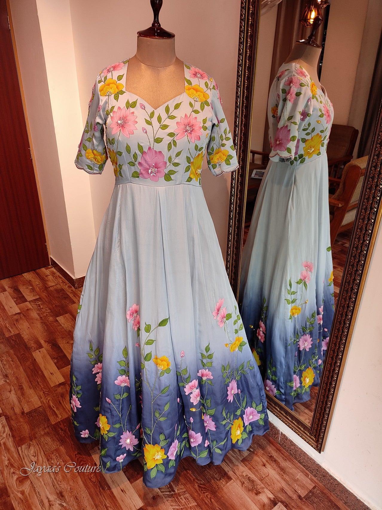 blue shaded hand painted gown with cape
