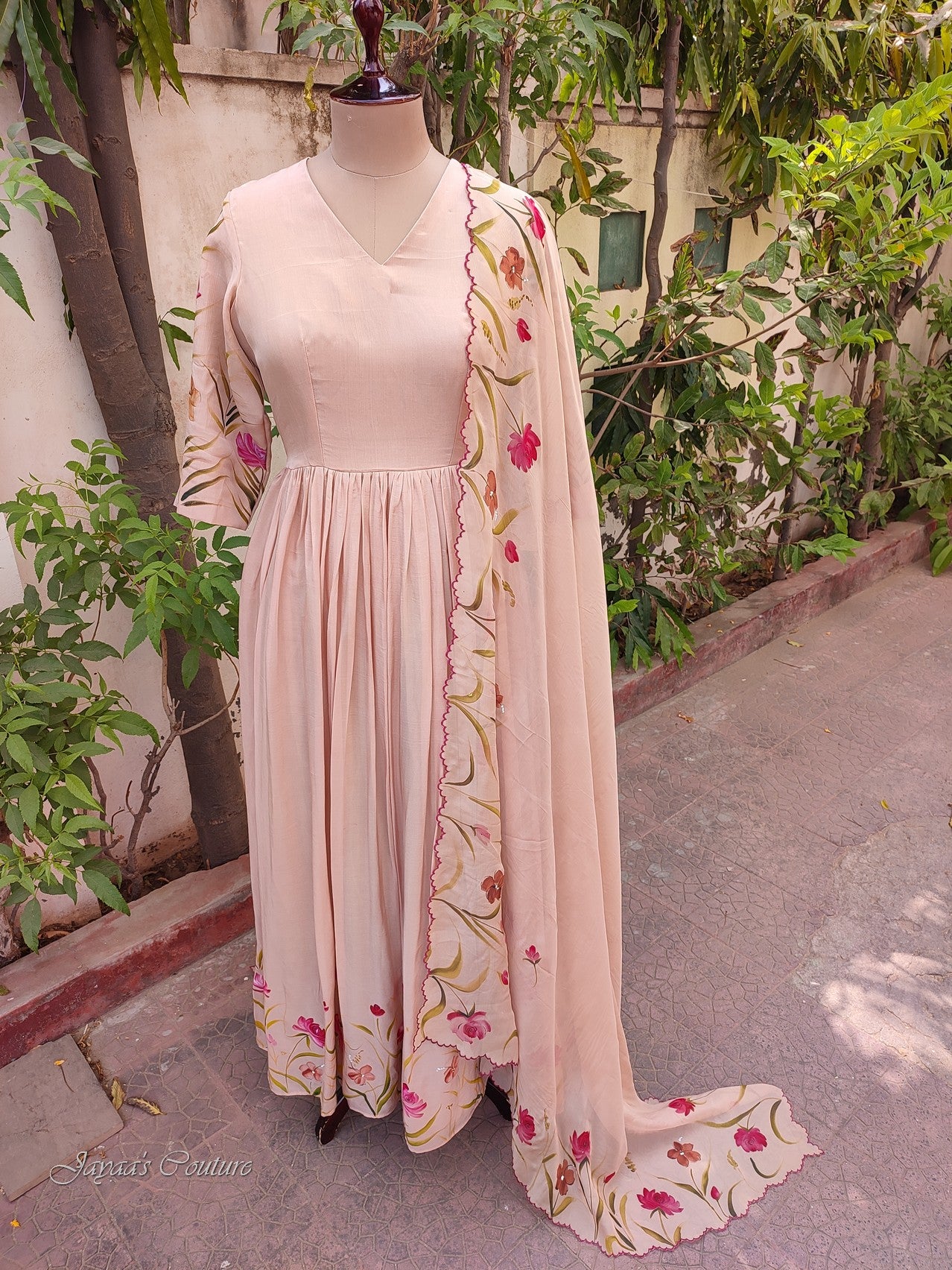 Beige Hand painted gown with dupatta
