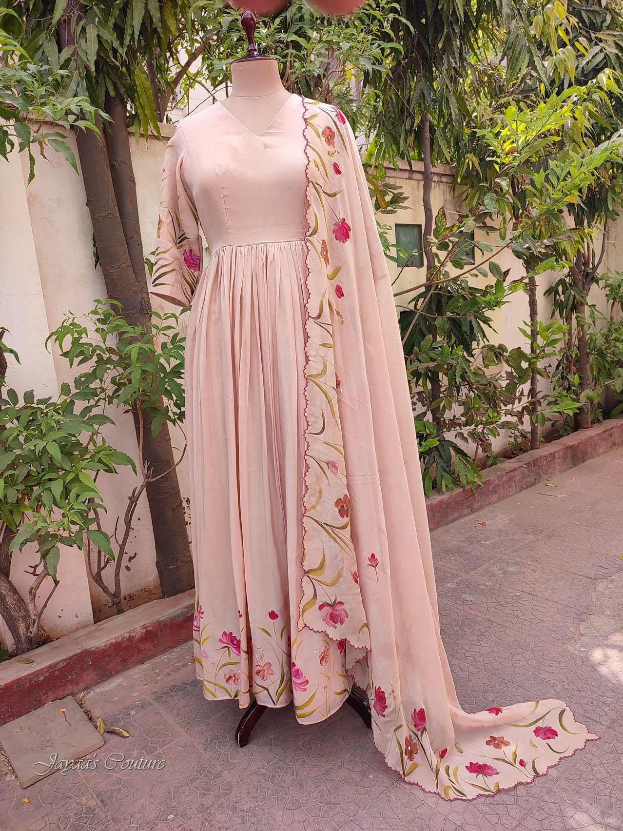 Beige Hand painted gown with dupatta